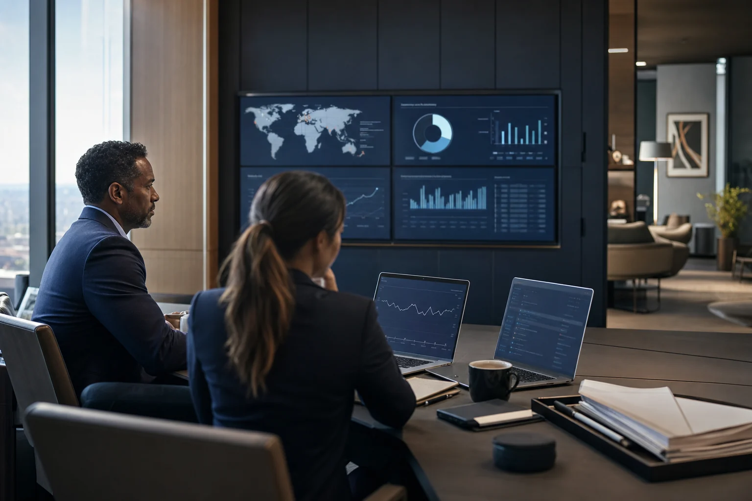 Business professionals coordinating digital operations in a modern office